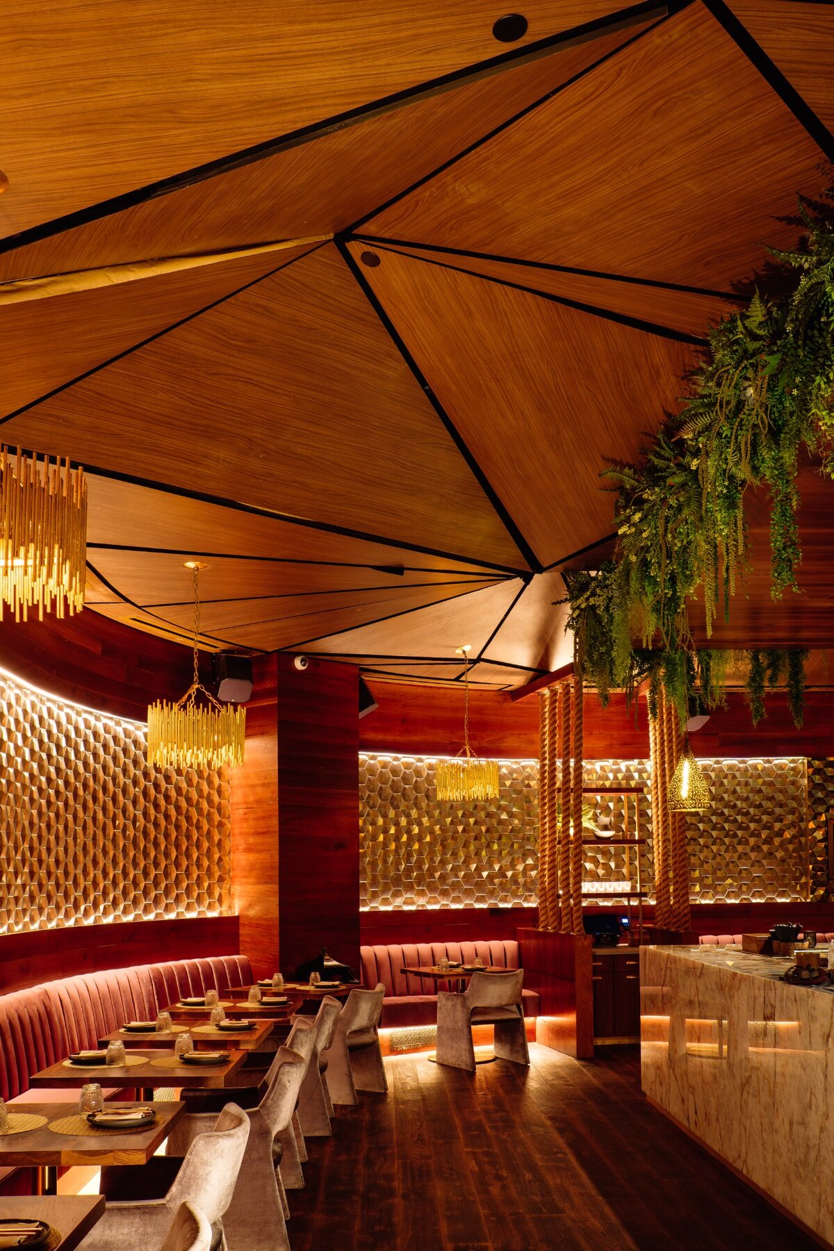 Completed faceted wood ceiling at Toca Madera
