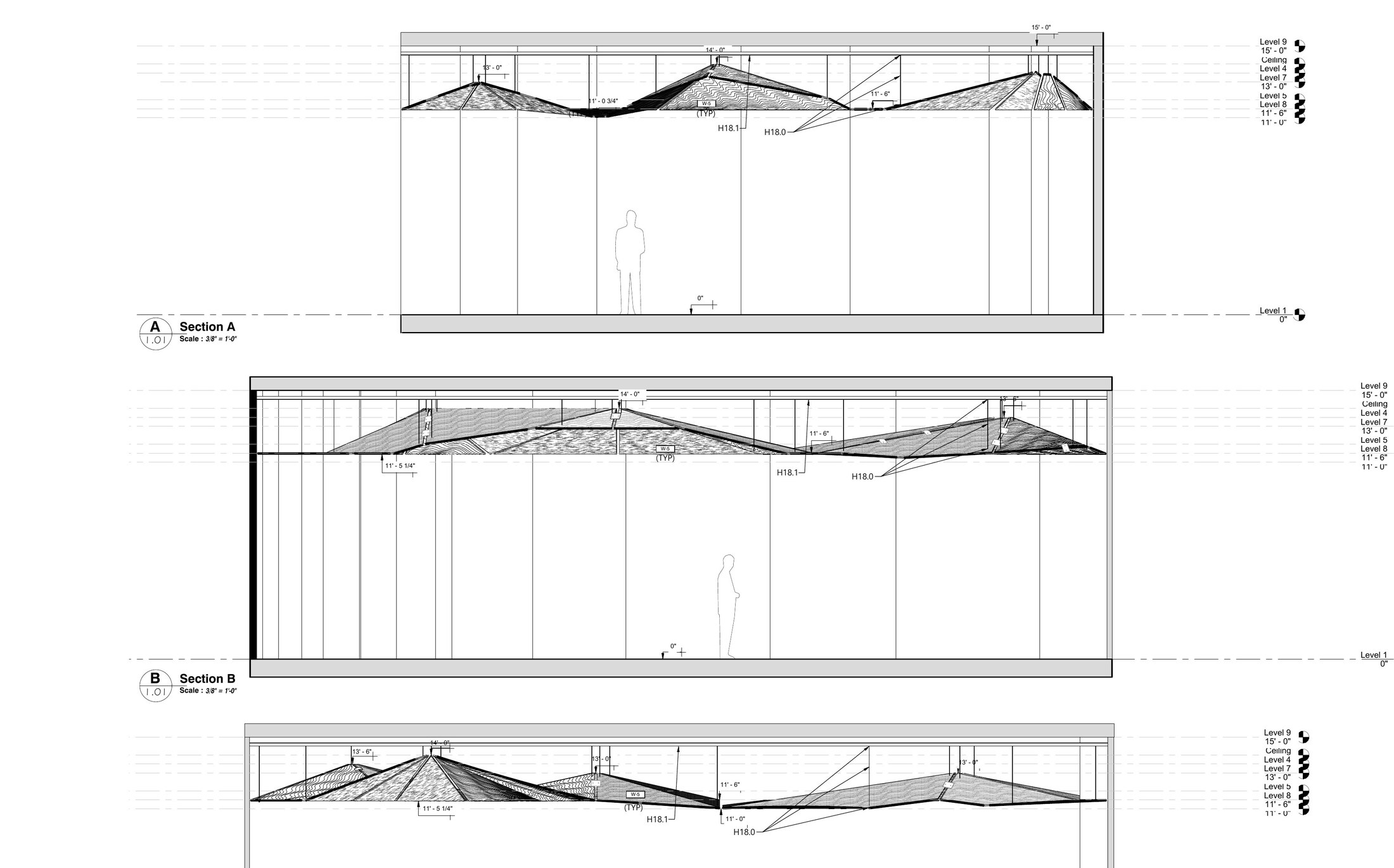 AutoCAD section drawings for the Toca Madera faceted ceiling