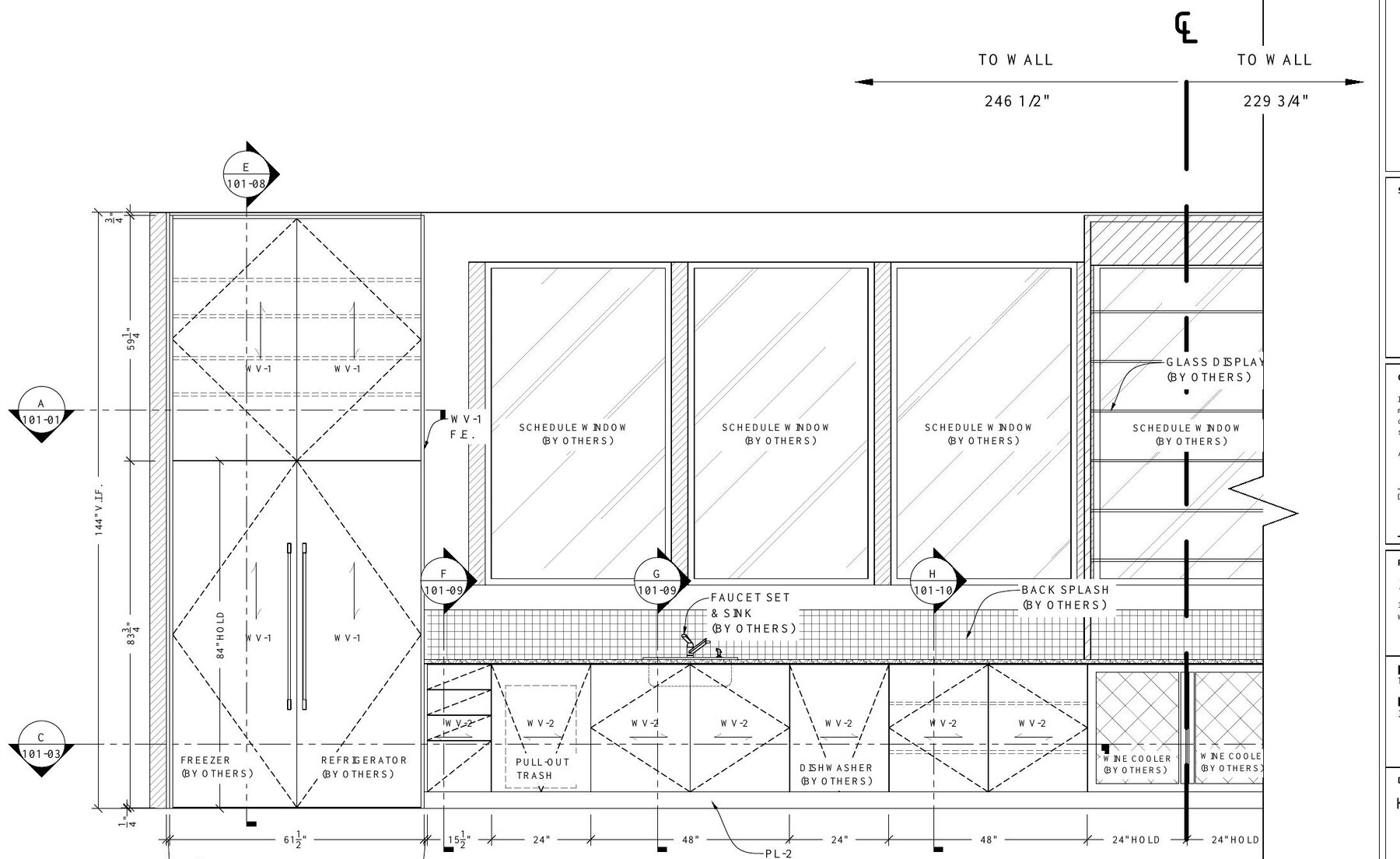 Anonymized AutoCAD elevation for a custom millwork kitchen